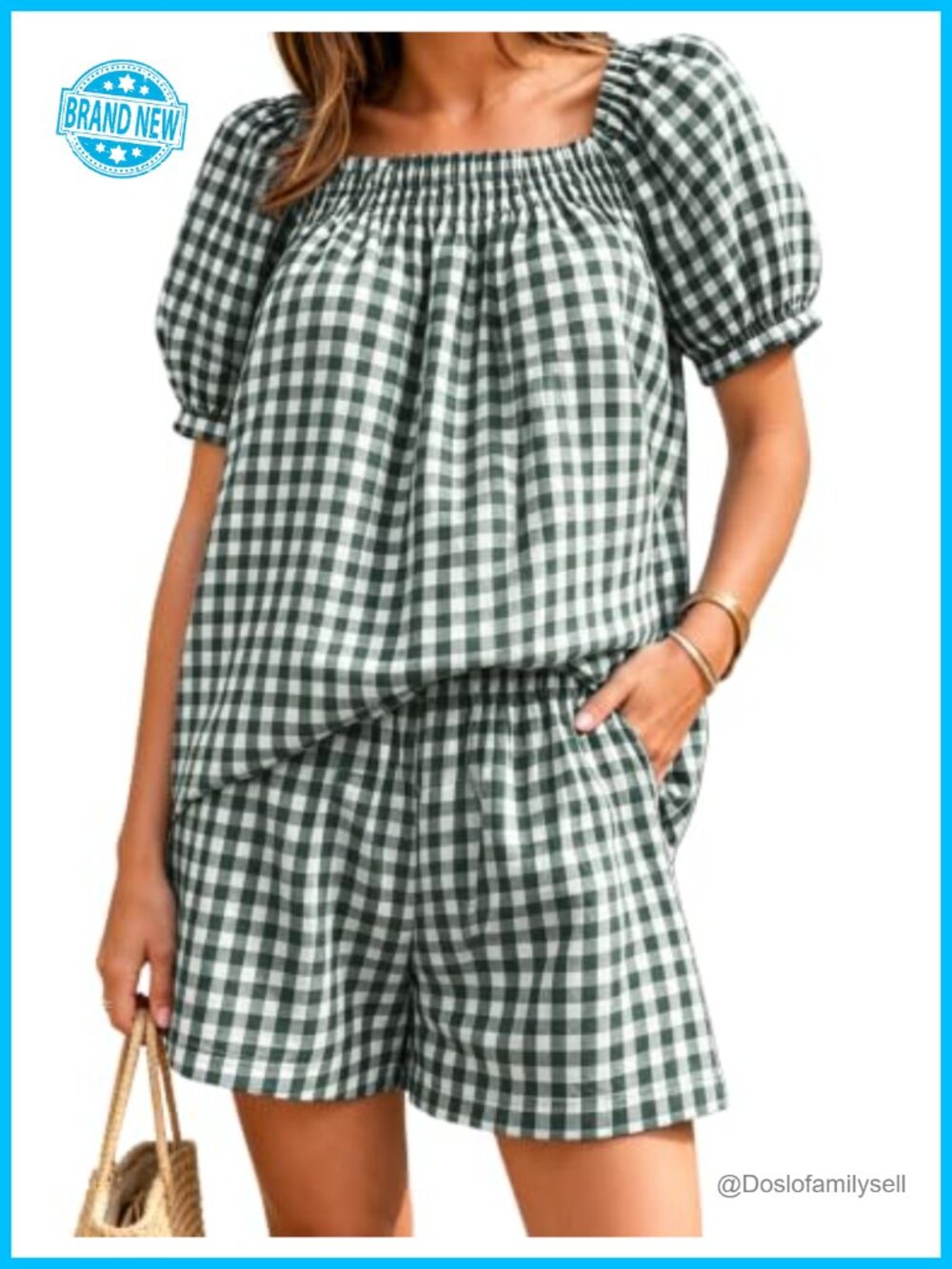 Women Plaid 2 Piece Puff Sleeve Smocked Babydoll Top Wide Leg Shorts Lounge Set